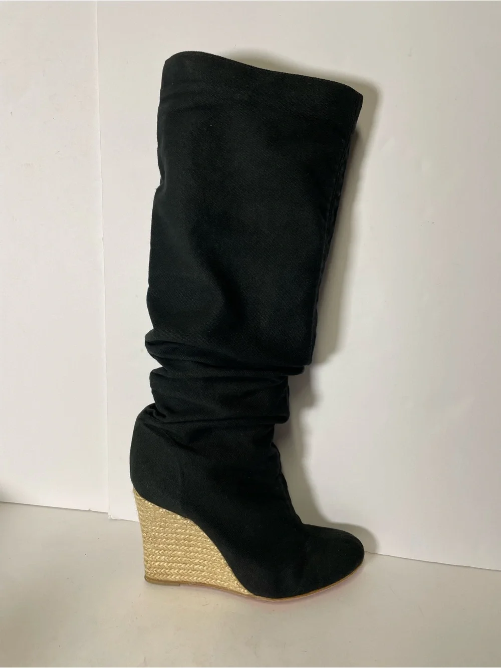 Christian Louboutin Black Wedge canvas espadrille knee high tall Boots 39/ 8.5